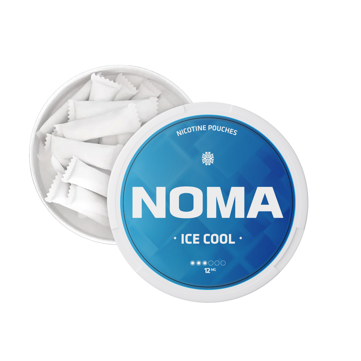 NOMA Ice Cool 12mg strong mint nicotine pouches, open can